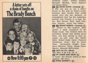 Image of a TV guide entry describing the Dear Libby episode of the Brady Bunch.