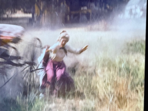 Screenshot from the School Mom episode of Little House on the Prairie showing Mrs Beadle falling from her buggy.