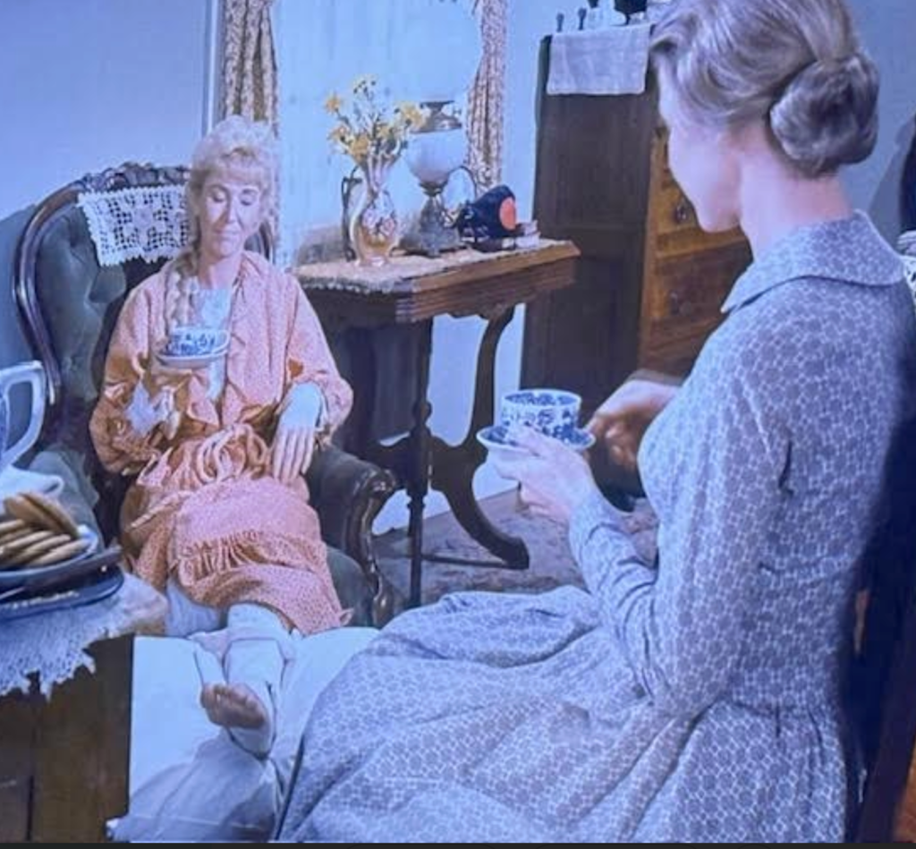 Ma Ingalls and Miss Beadle have tea in the Little House on the Prairie episode called "School Mom."