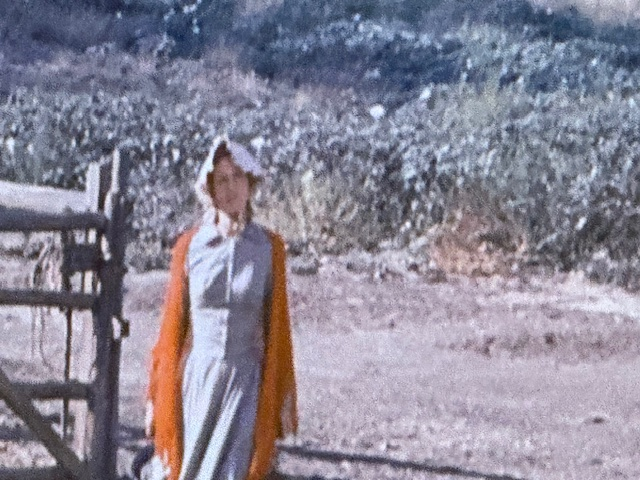 Ma Ingalls wears an unfortunate orange shawl in the Little House on the Prairie episode called "School Mom."